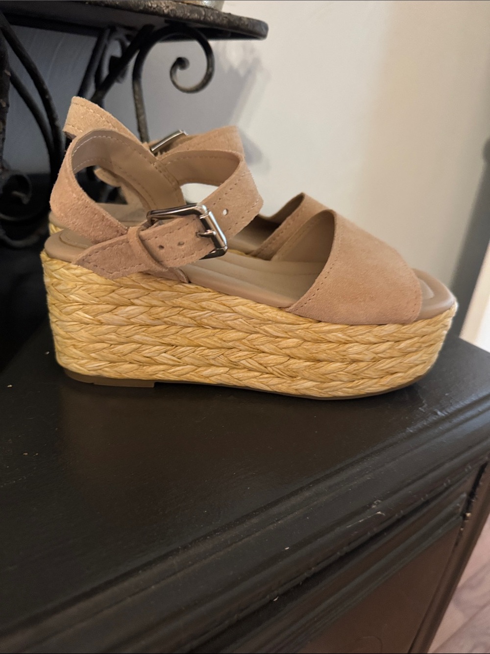 Marc Fisher Taupe Suede Espadrille Platform Sandal with Ankle Strap